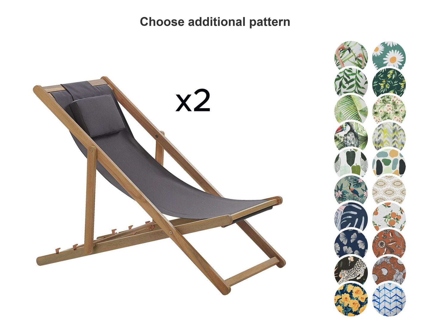 Set of 2 Folding Deck Chairs and 2 Replacement Fabrics (Various Options) Light Wood AVELLINO