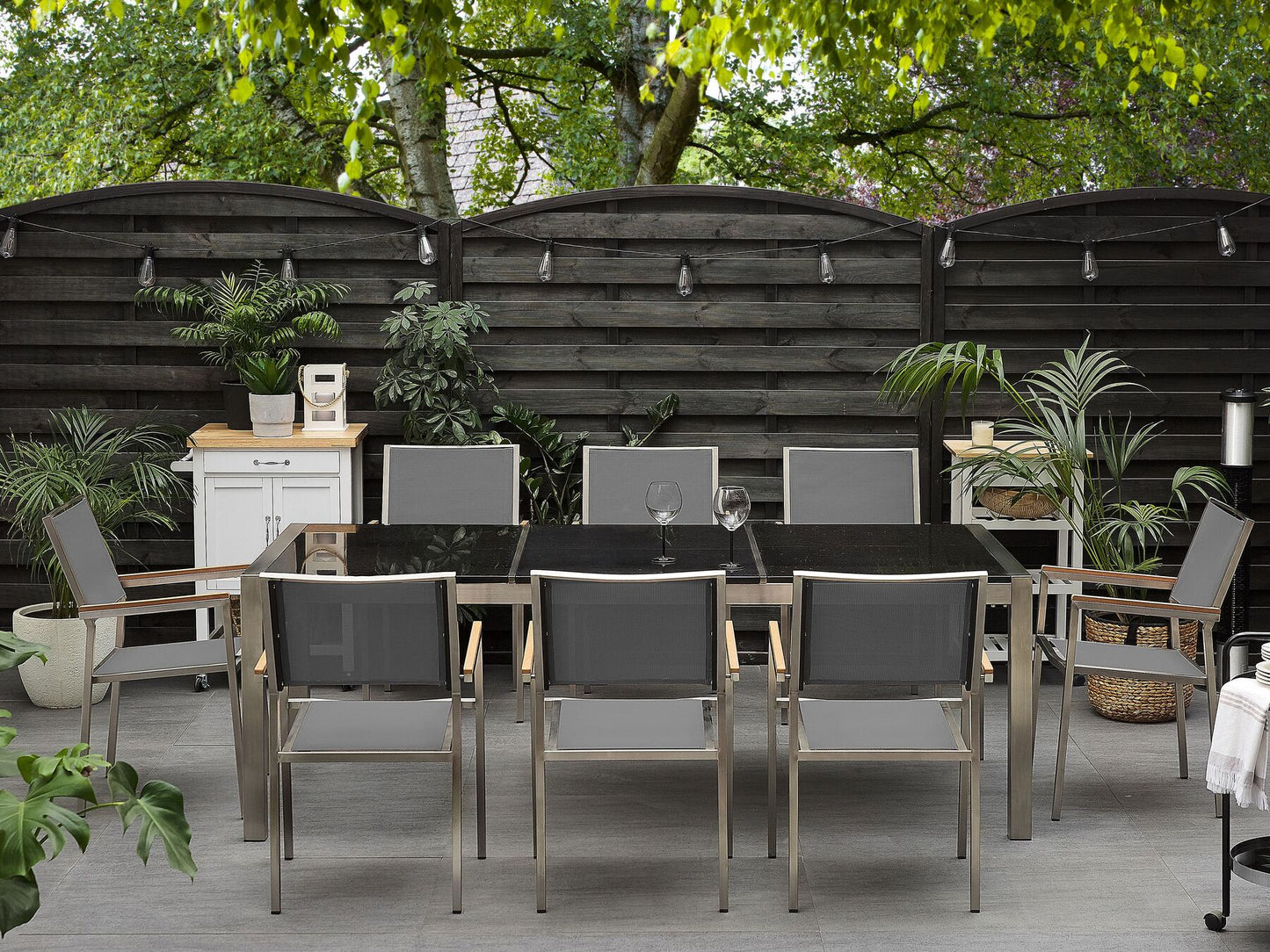 8 Seater Garden Dining Set Black Granite Triple Plate Top and Grey Chairs GROSSETO