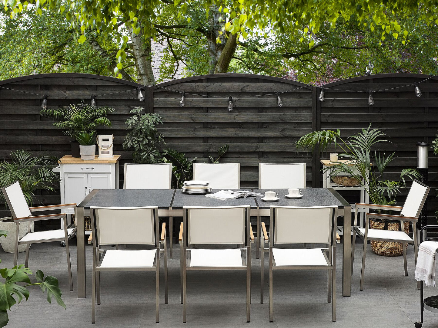 Garden Dining Set 8 Seater GROSSETO Triple Plate Granite Flamed Black/ White
