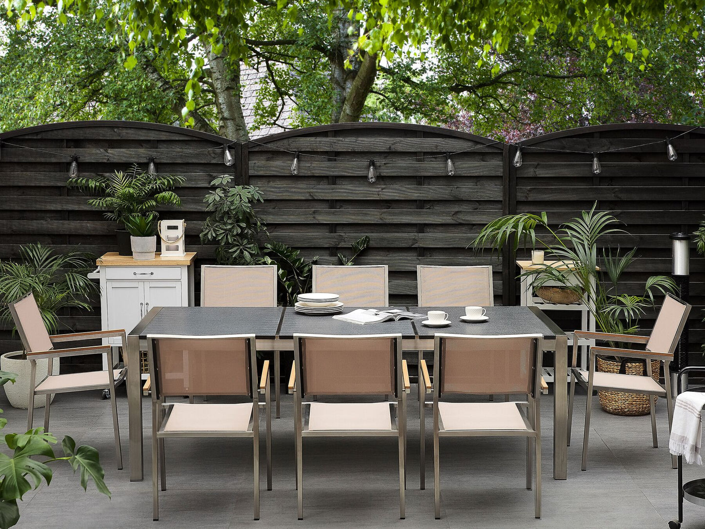 Garden Dining Set 8 Seater GROSSETO Triple Plate Granite Flamed Black/ Beige