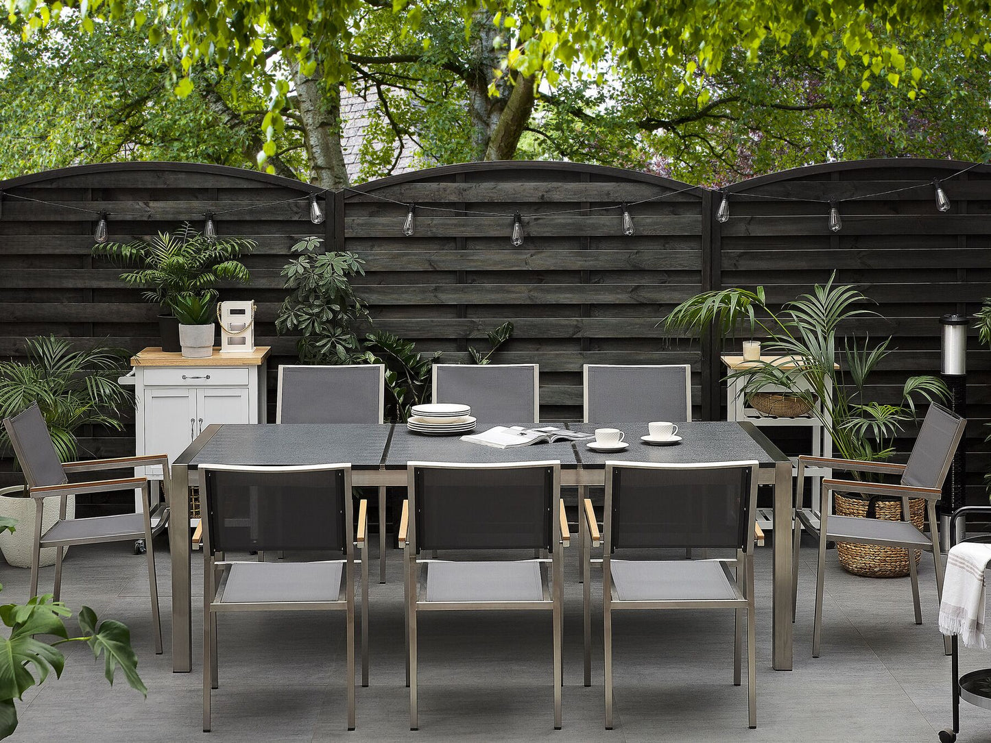 Garden Dining Set 8 Seater GROSSETO Triple Plate Granite Flamed Black/ Grey