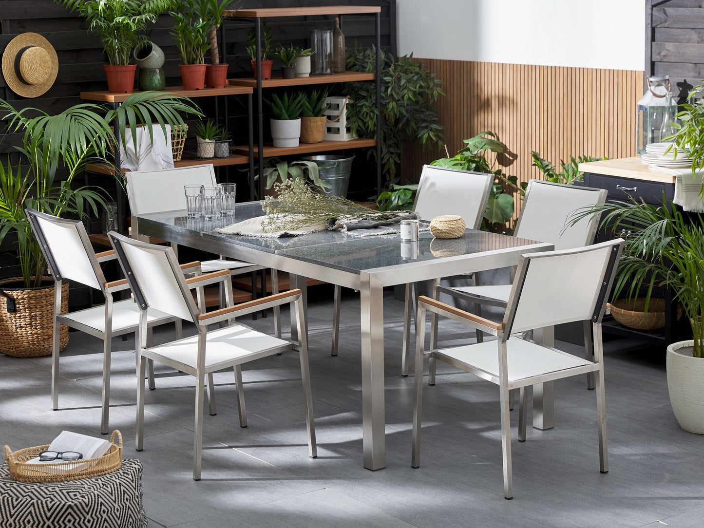 Garden Dining Set 6 Seater GROSSETO Triple Plate Granite Polished Grey/ White
