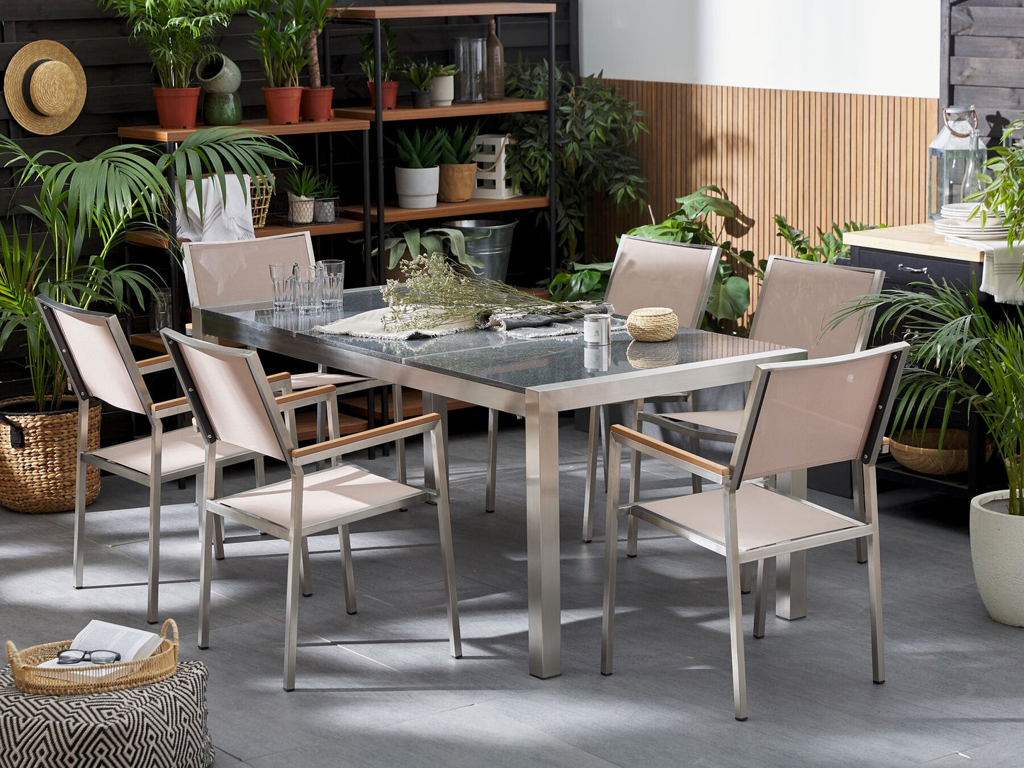 Garden Dining Set 6 Seater GROSSETO Triple Plate Granite Polished Grey/ Beige