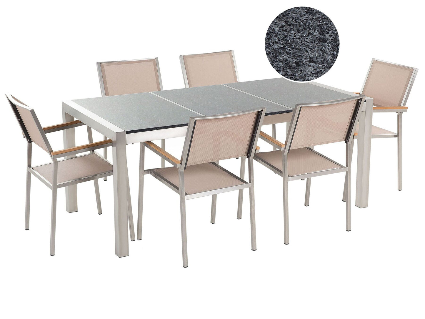 Garden Dining Set 6 Seater GROSSETO Triple Plate Granite Polished Grey/ Beige