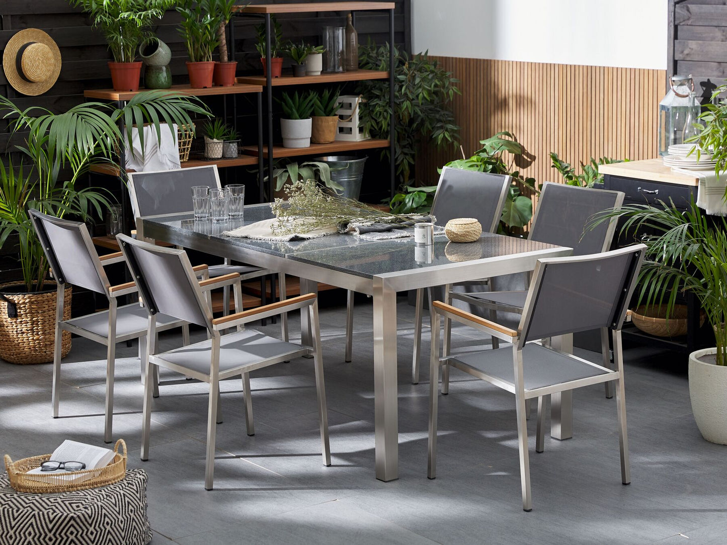 Garden Dining Set 6 Seater GROSSETO Triple Plate Granite Polished Grey