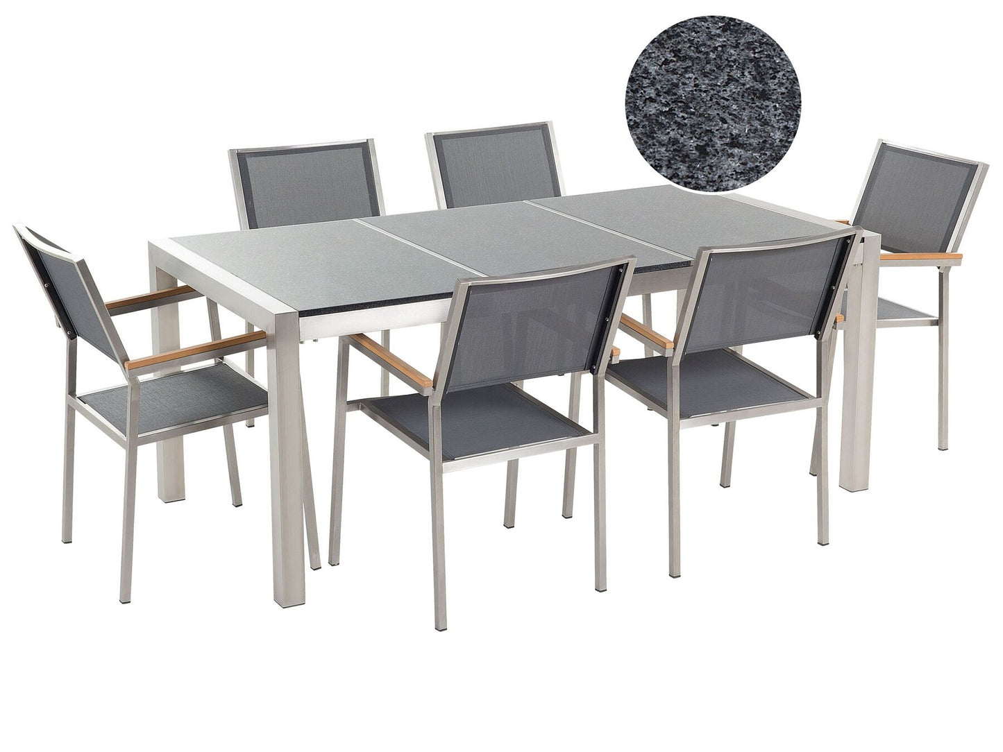 Garden Dining Set 6 Seater GROSSETO Triple Plate Granite Polished Grey