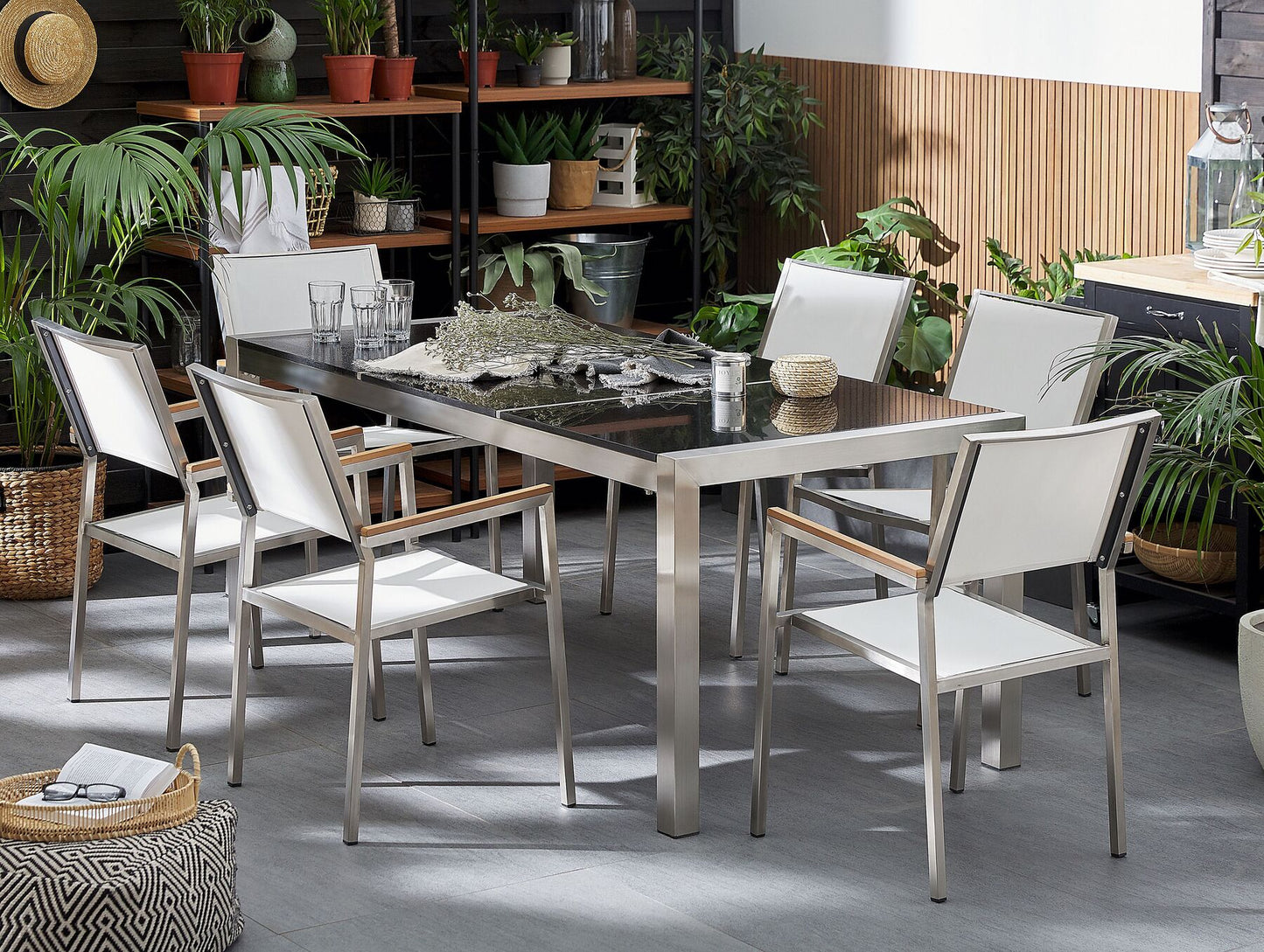 Garden Dining Set 6 Seater GROSSETO Triple Plate Granite Polished Black/ White