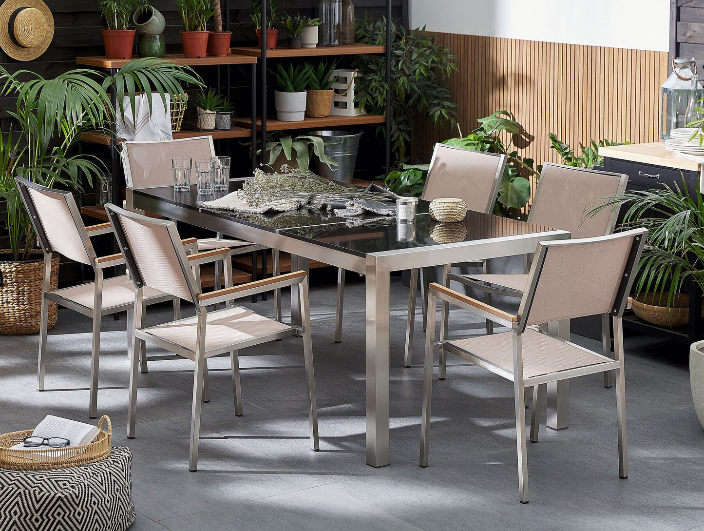 Garden Dining Set 6 Seater GROSSETO Triple Plate Granite Polished Black/ Beige