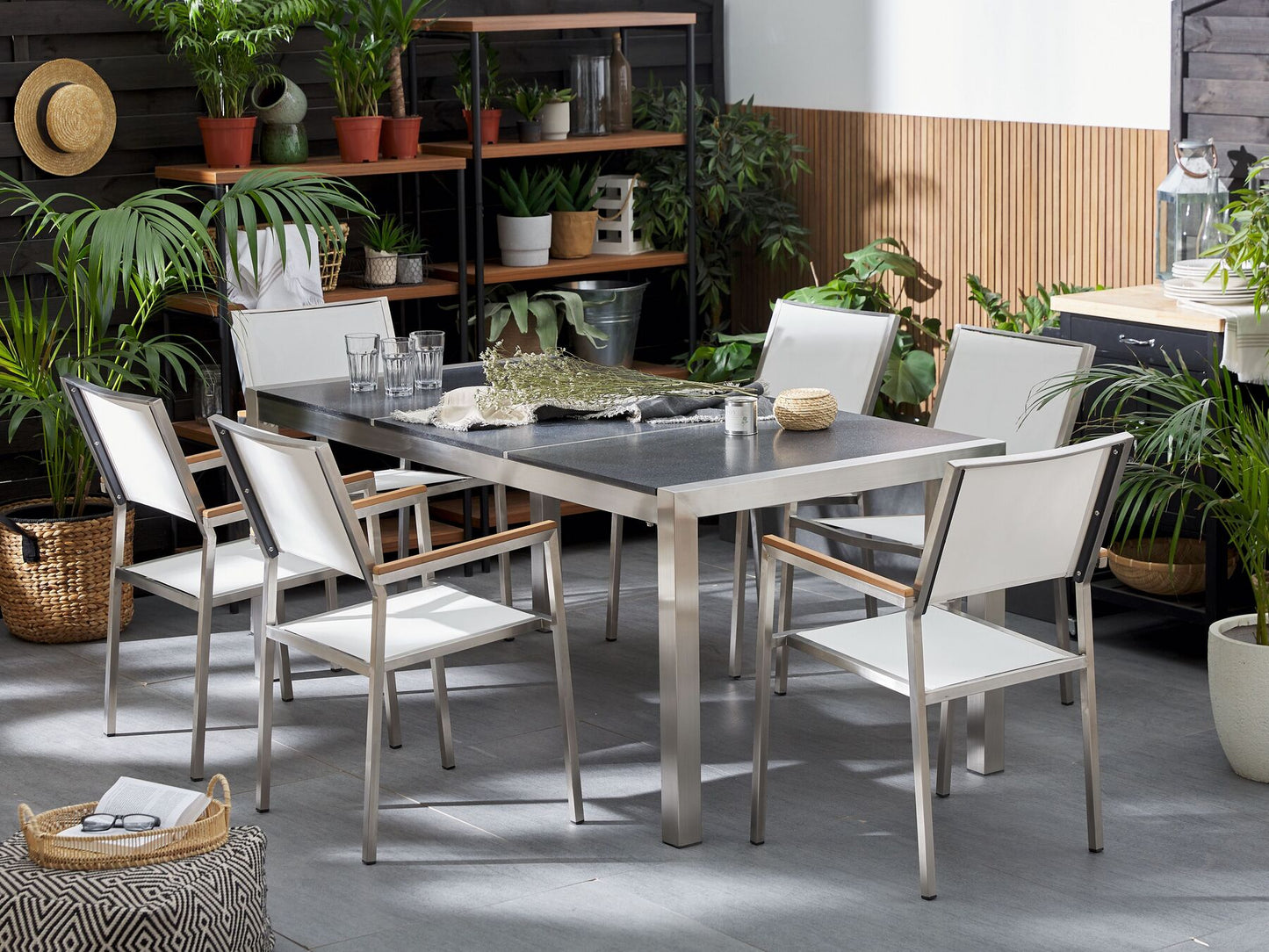 Garden Dining Set 6 Seater GROSSETO Triple Plate Basalt Flamed Black/ White