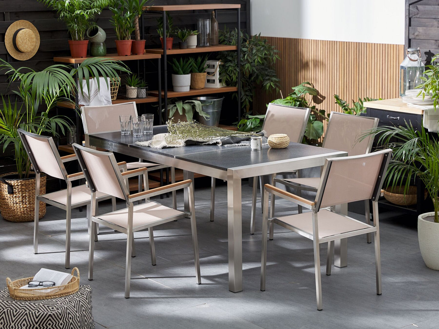 Garden Dining Set 6 Seater GROSSETO Triple Plate Basalt Flamed Black/ Beige