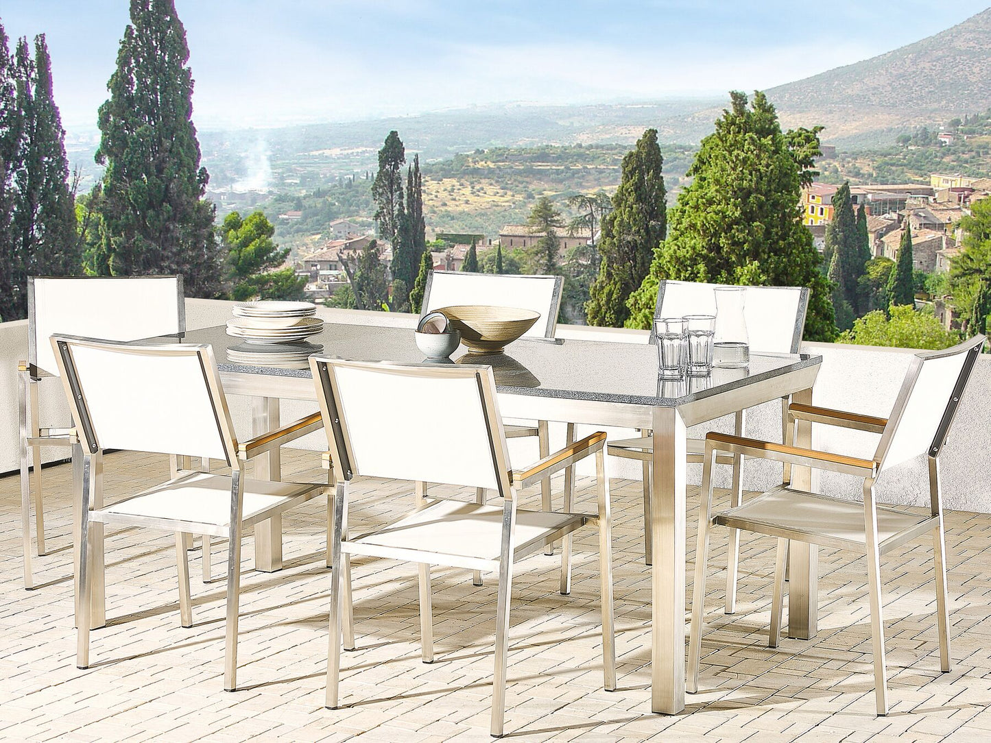 Garden Dining Set 6 Seater GROSSETO Granite Polished Grey/ White