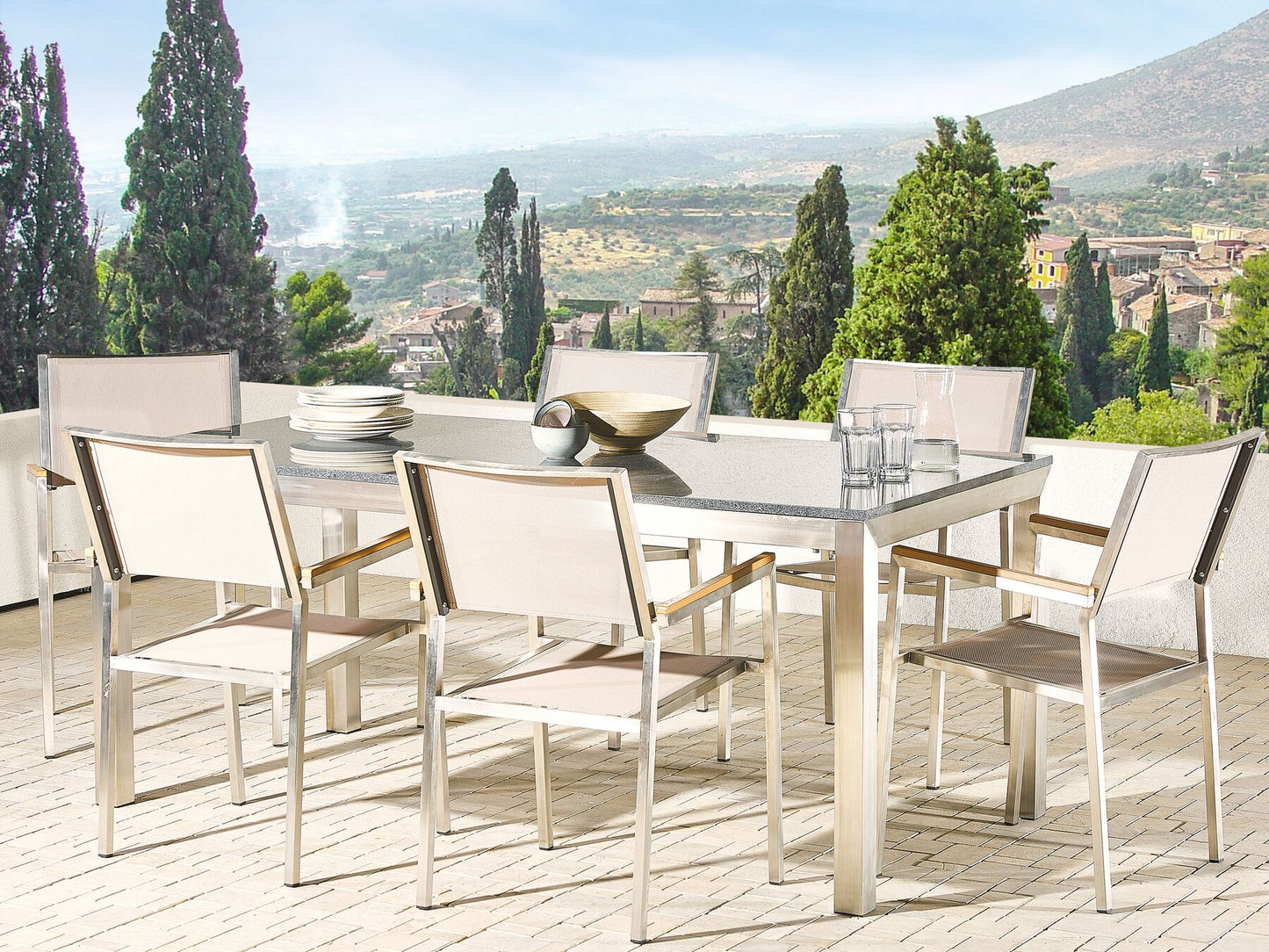 Garden Dining Set 6 Seater GROSSETO Granite Polished Grey/ Beige