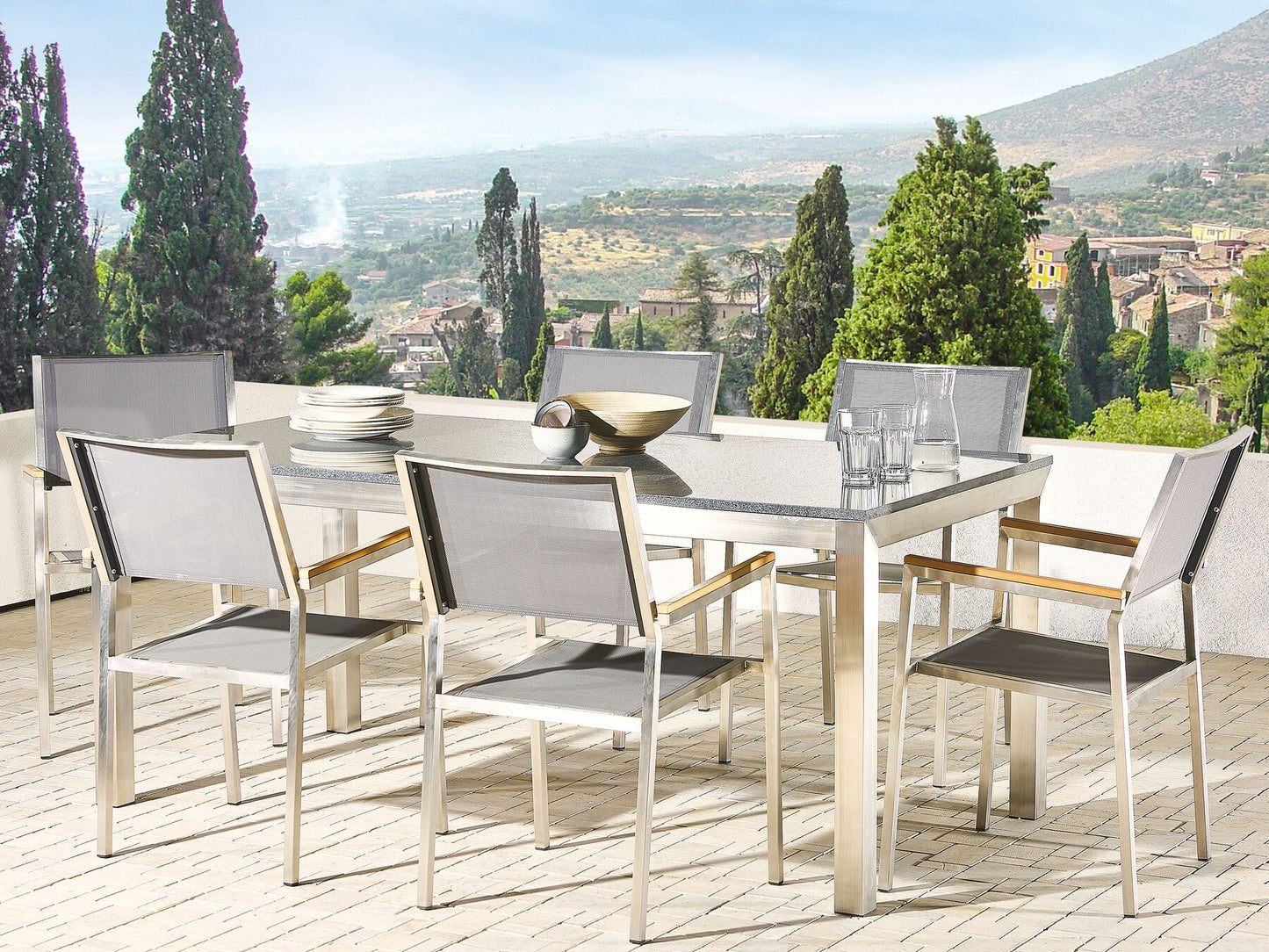 Garden Dining Set 6 Seater GROSSETO Granite Polished Grey
