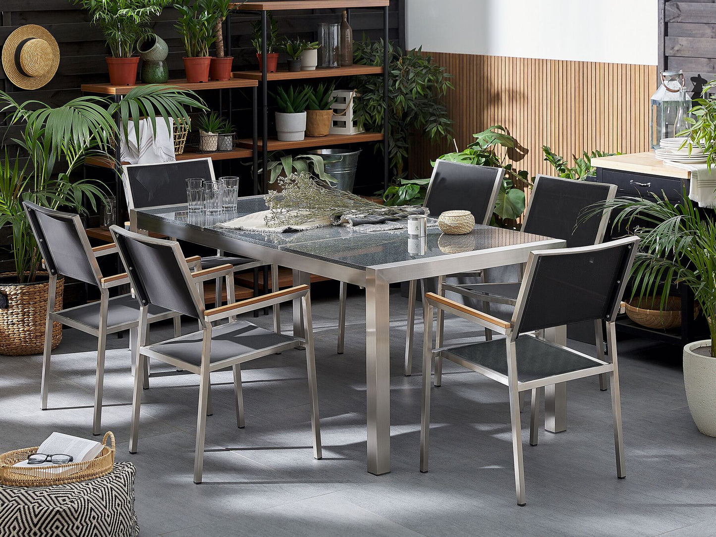 Garden Dining Set 6 Seater GROSSETO Triple Plate Granite Polished Black/ Grey