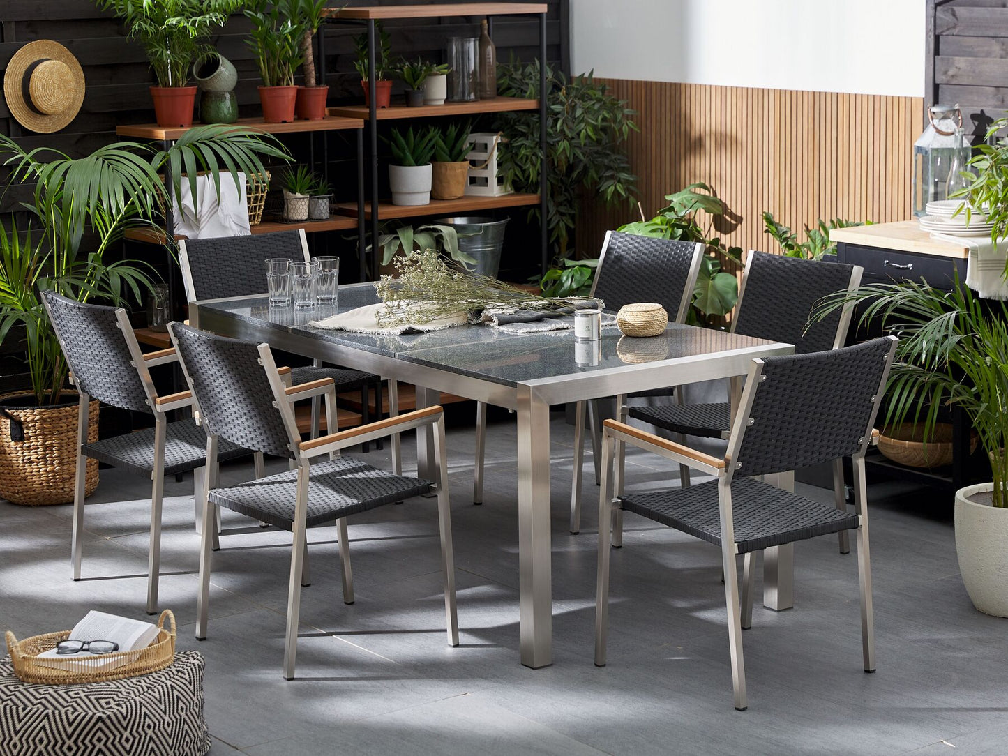 Garden Dining Set 6 Seater GROSSETO Triple Plate Granite Polished Grey/ Black