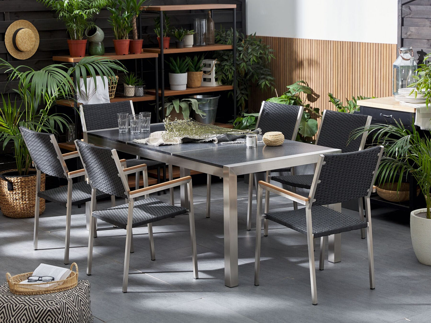 Garden Dining Set 6 Seater GROSSETO Triple Plate Basalt Flamed Black