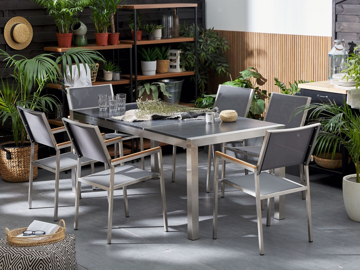 Garden Dining Set 6 Seater GROSSETO Triple Plate Basalt Flamed Black/ Grey