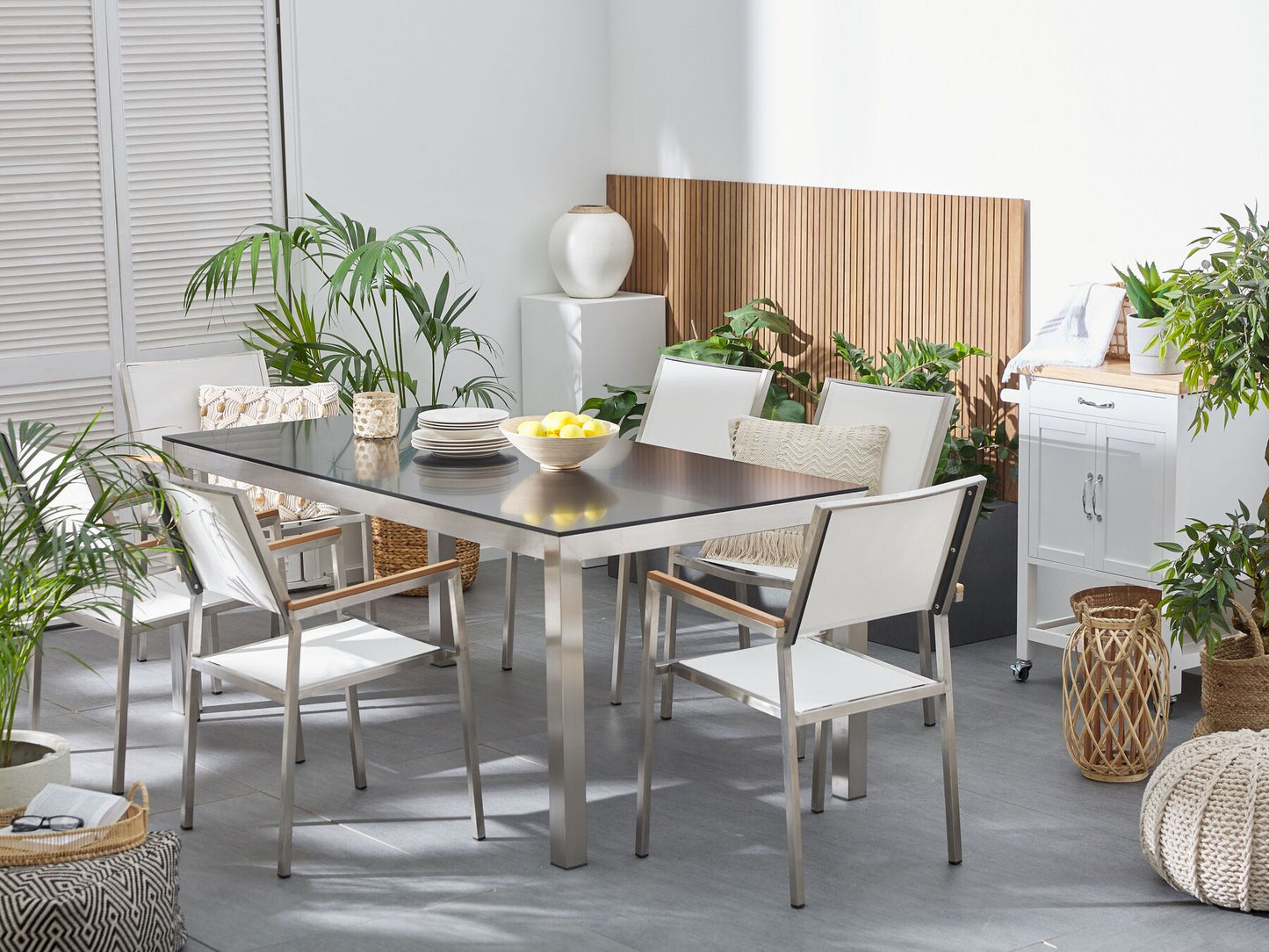 Garden Dining Set 6 Seater GROSSETO Tempered Glass Black/ White