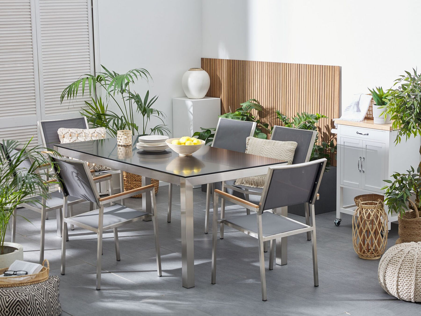 Garden Dining Set 6 Seater GROSSETO Tempered Glass Grey/ Black