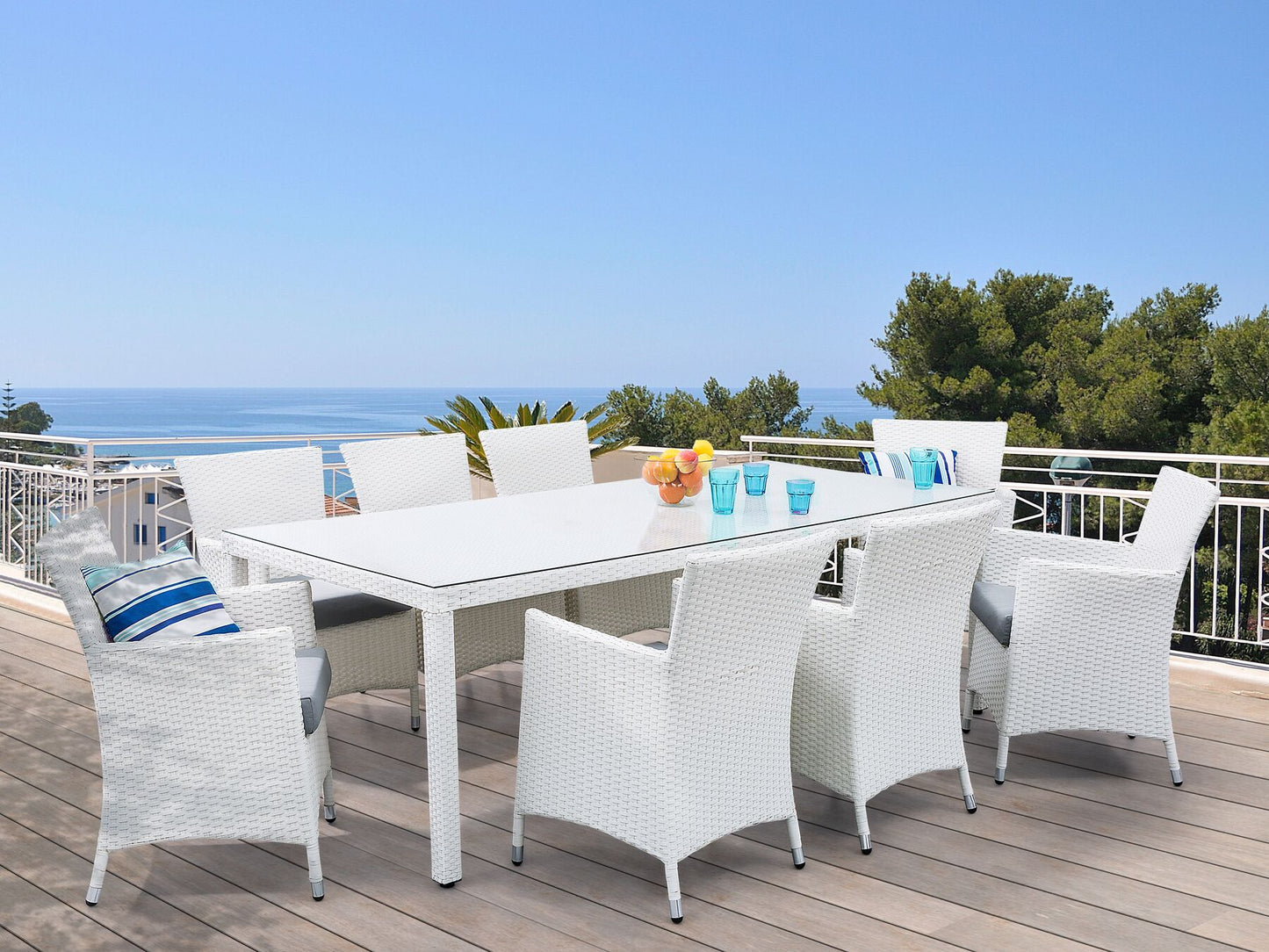 Garden Dining Set 8 Seater ITALY with Cushions PE Rattan White
