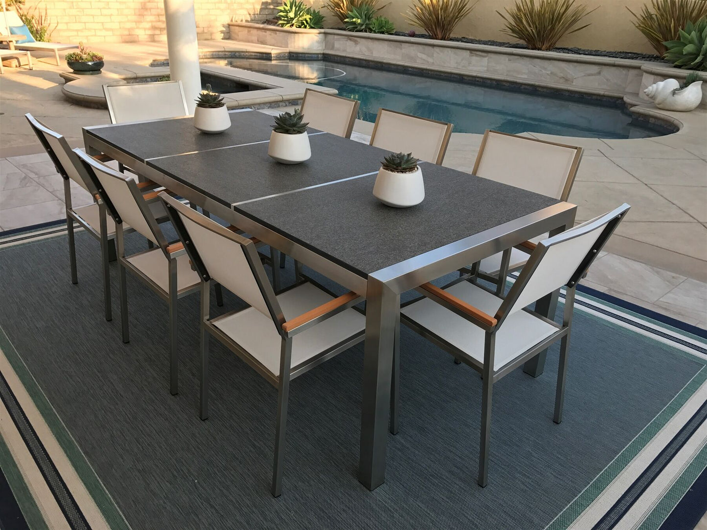 Garden Dining Set 8 Seater GROSSETO Triple Plate Granite Flamed Black/ White