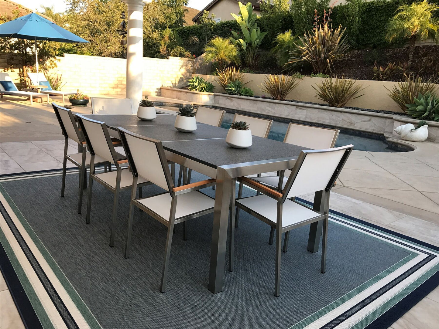 Garden Dining Set 8 Seater GROSSETO Triple Plate Granite Flamed Black/ White