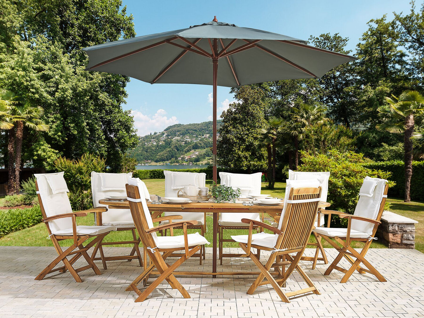 Garden Dining Set 8 Seater MAUI with Parasol Acacia Wood Off-White