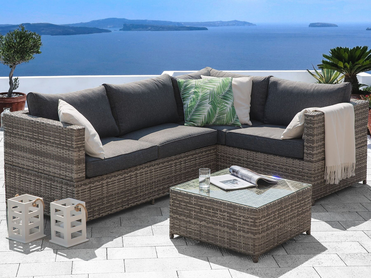 Garden Corner Sofa with Table 4 Seater AVOLA Left Hand PE Rattan Grey