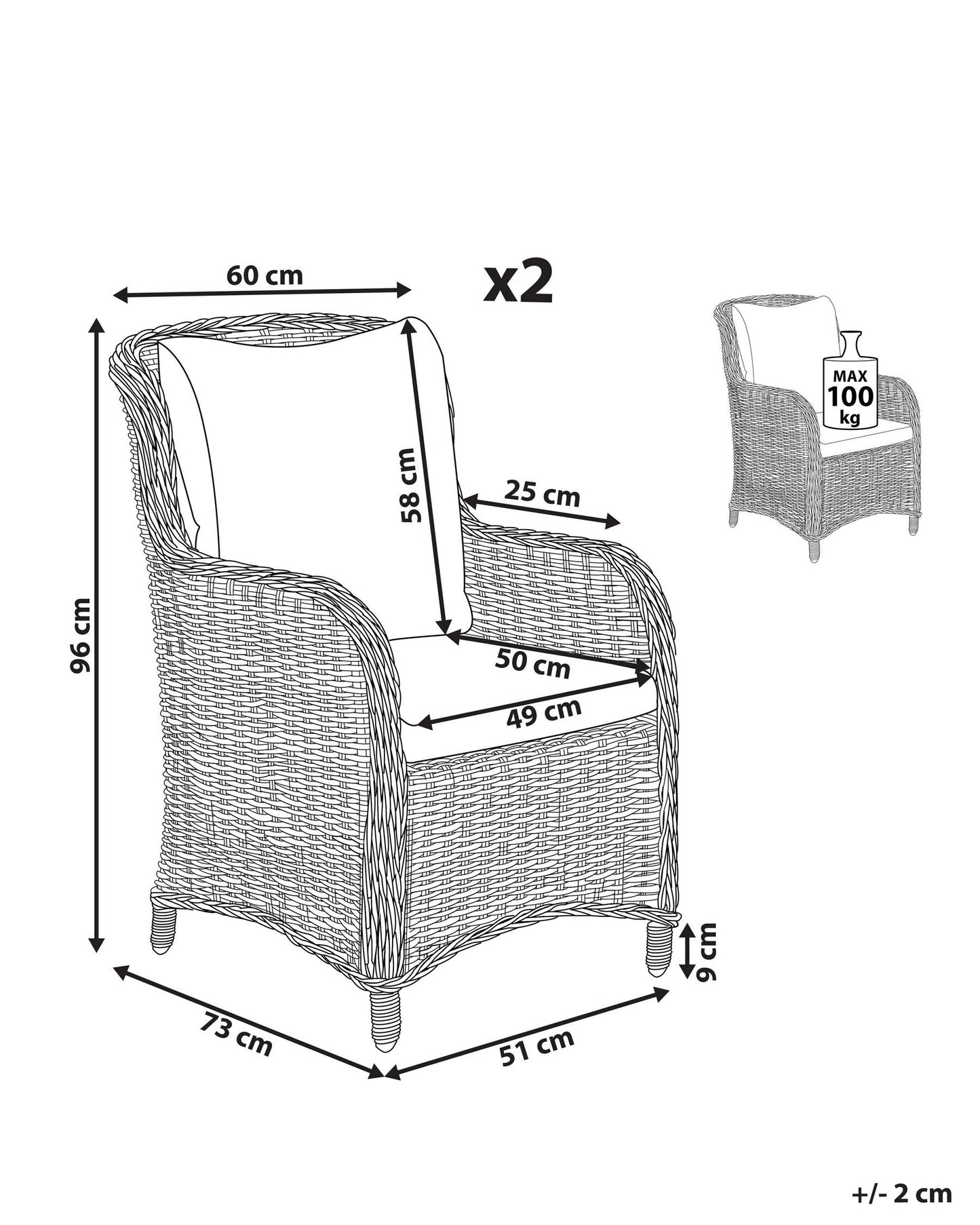 Set of 2 Garden Chairs with Cushions CASCAIS PE Rattan Grey