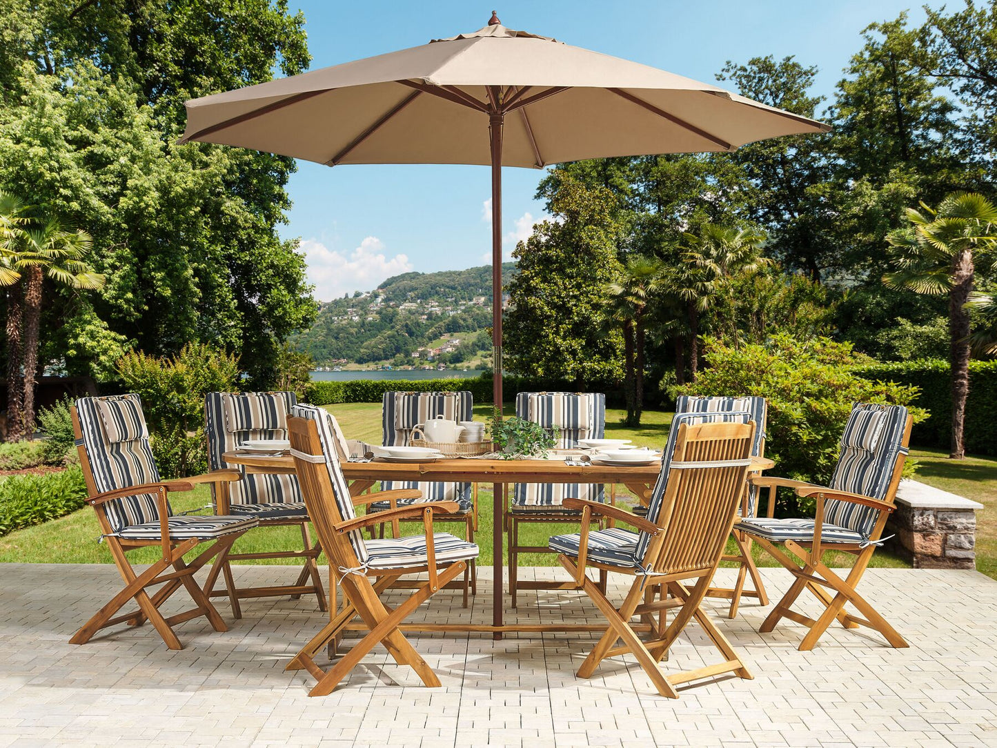 Garden Dining Set 8 Seater MAUI with Parasol Acacia Wood Multicolour