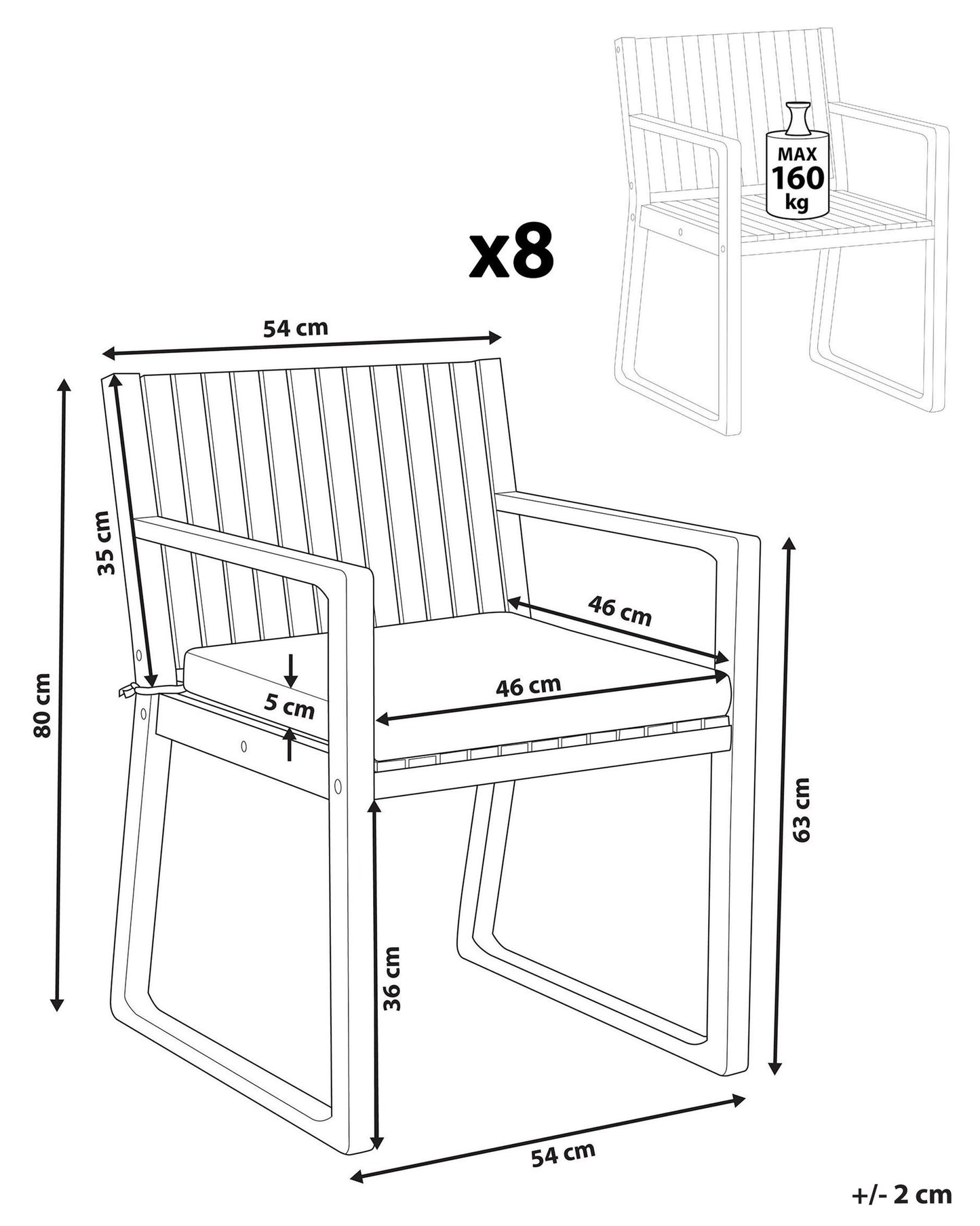 Set of 8 Garden Chairs with Cushions SASSARI Acacia Wood Grey