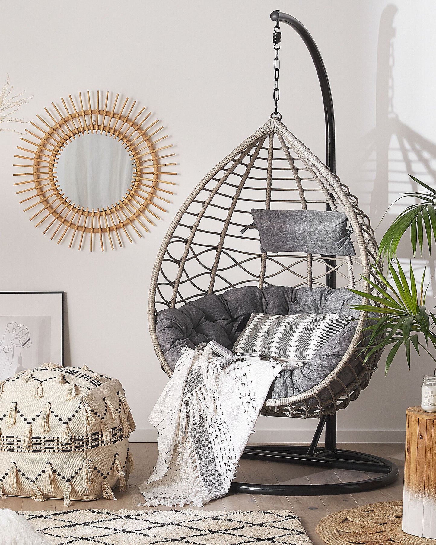 Hanging Chair with Stand Rattan Grey