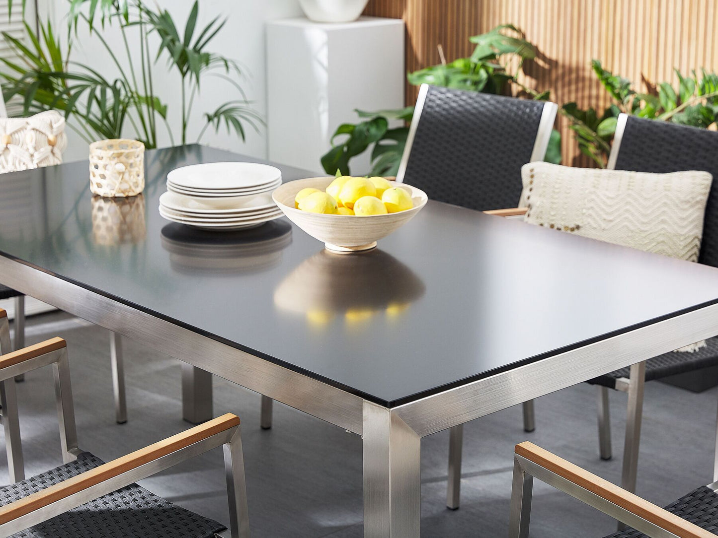 Garden Dining Set 6 Seater GROSSETO Tempered Glass Black/ White