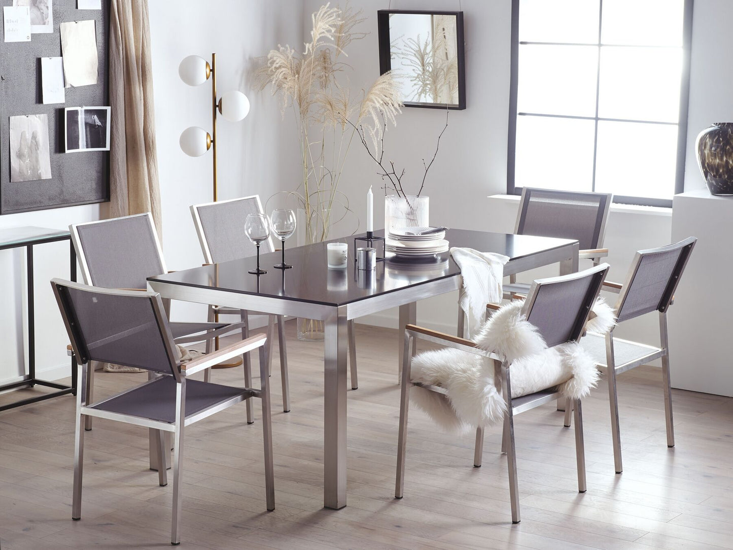 Garden Dining Set 6 Seater GROSSETO Tempered Glass Grey/ Black