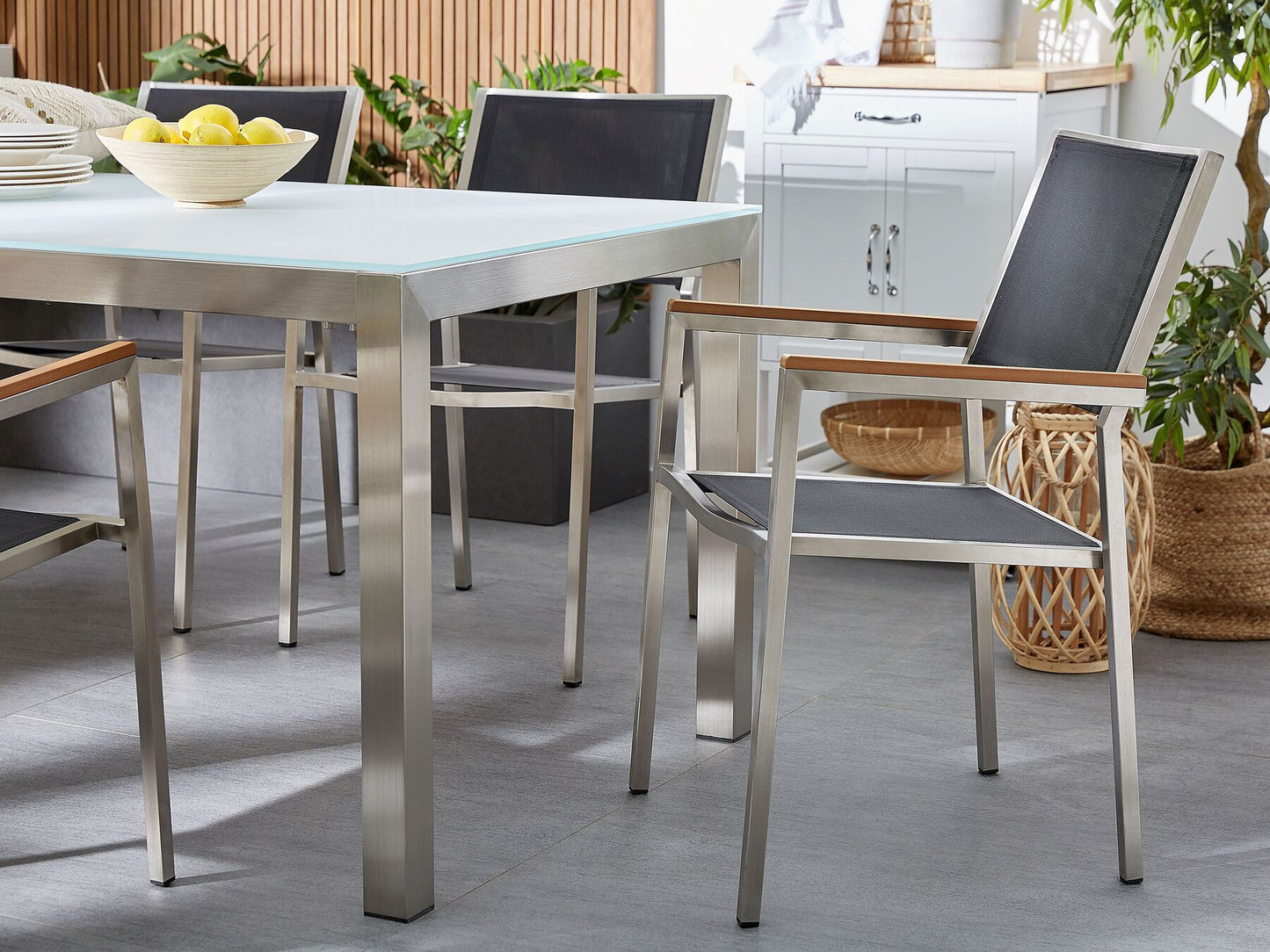 Garden Dining Set 6 Seater GROSSETO Triple Plate Granite Polished Black/ Grey