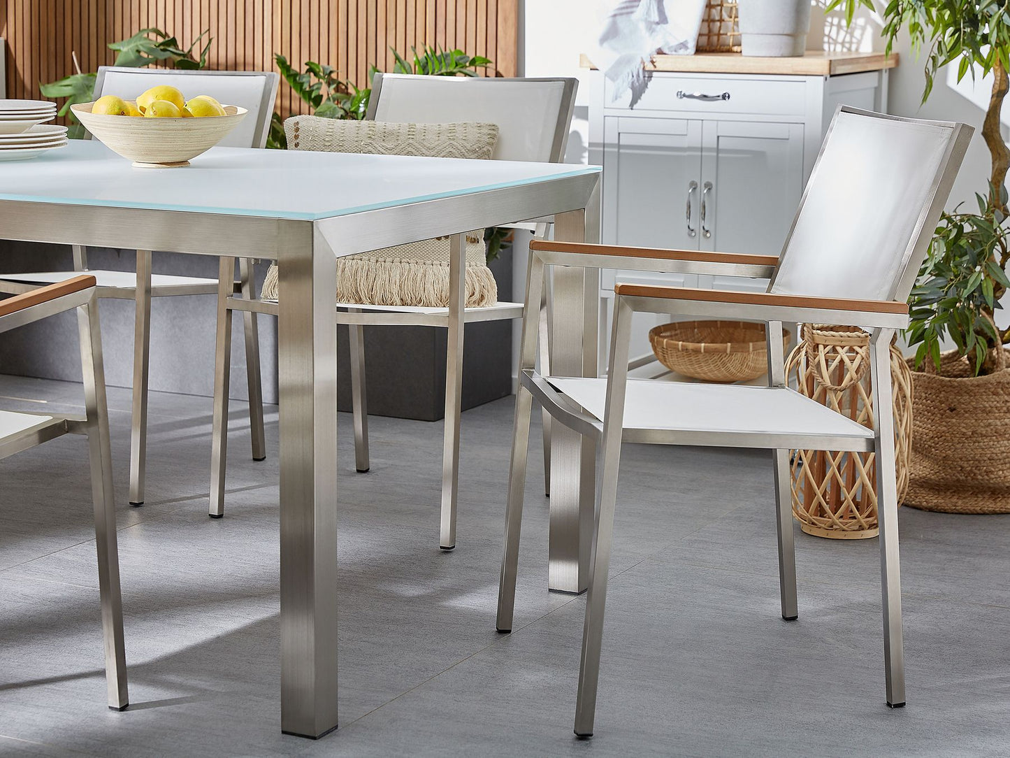 Garden Dining Set 6 Seater GROSSETO Triple Plate Granite Polished Grey/ White
