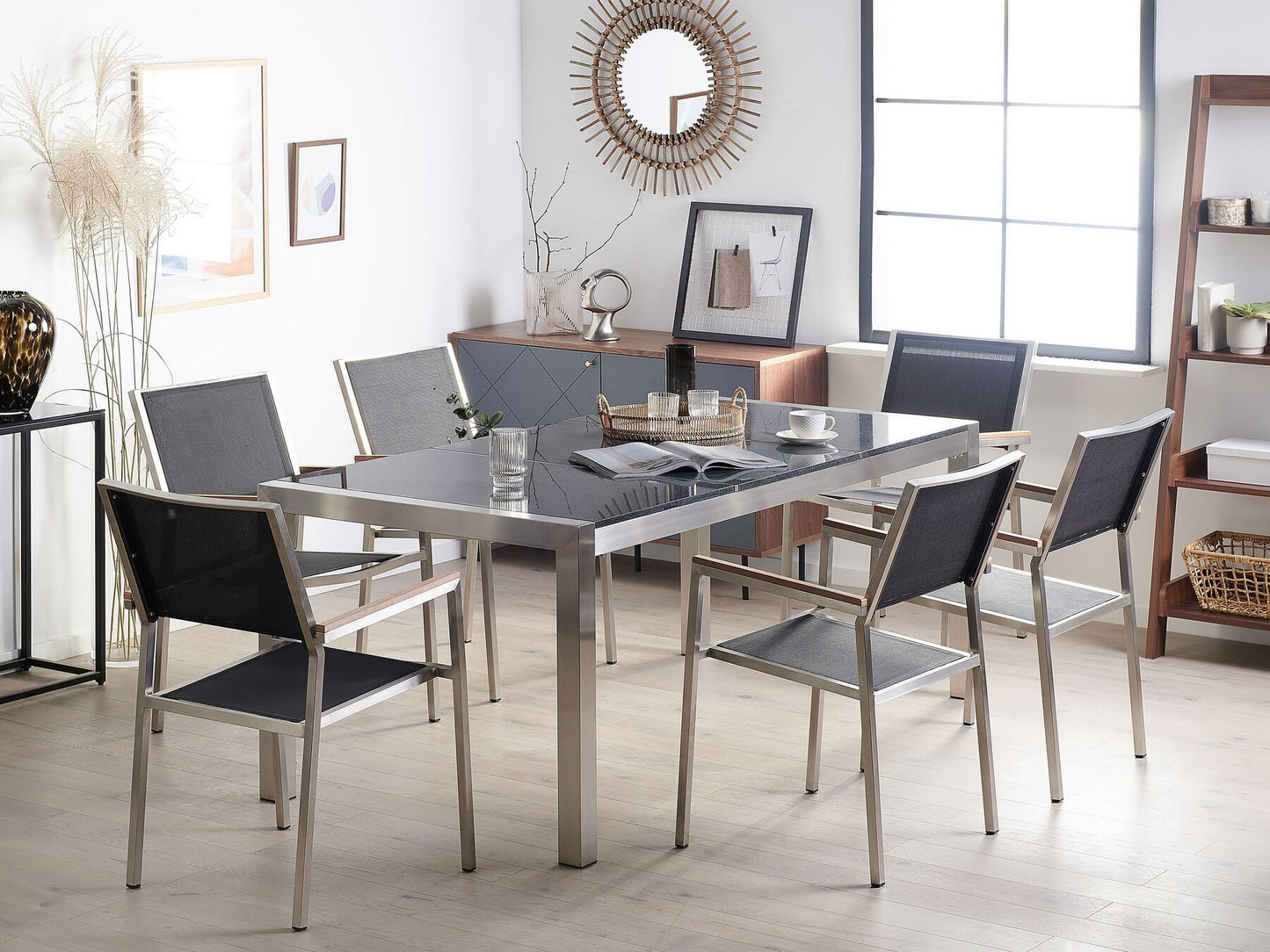 Garden Dining Set 6 Seater GROSSETO Triple Plate Granite Polished Black/ Grey