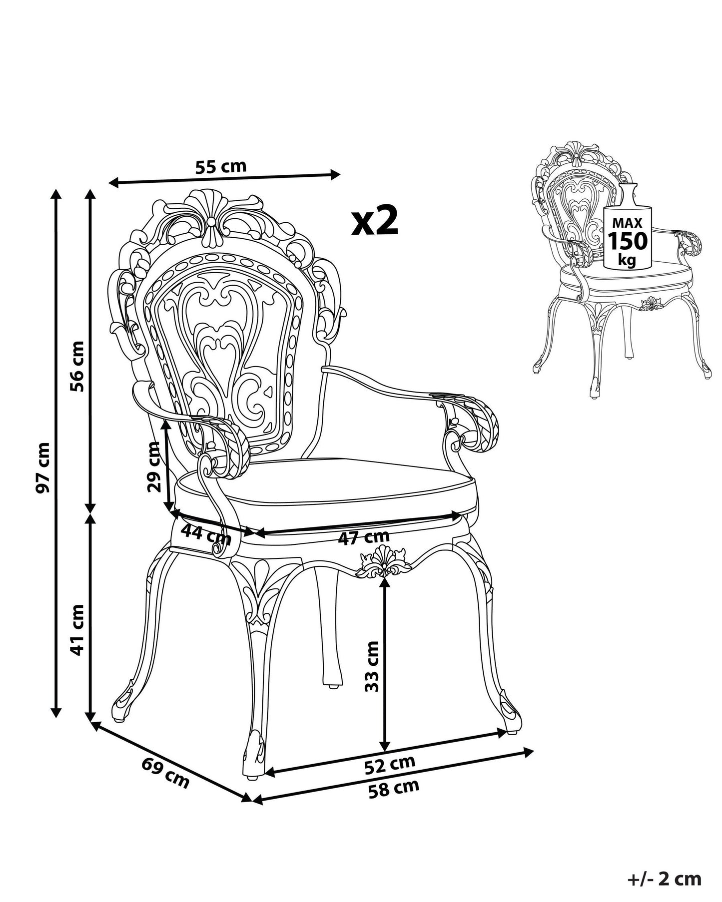 Set of 2 Garden Chairs with Cushions SAPRI Metal Dark Brown