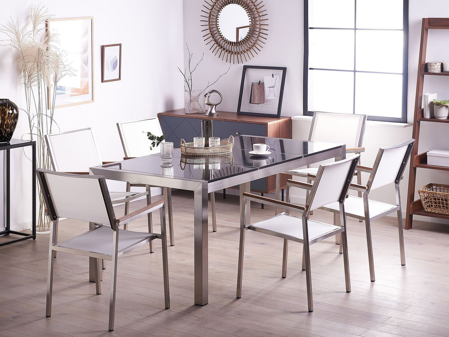 Garden Dining Set 6 Seater GROSSETO Triple Plate Granite Polished Black/ White