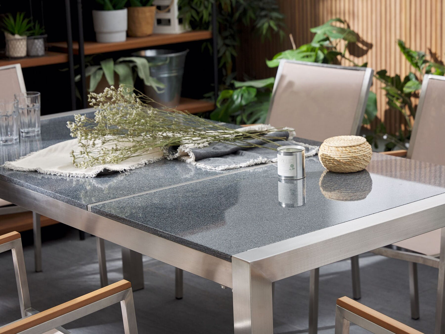 Garden Dining Set 6 Seater GROSSETO Triple Plate Granite Polished Black/ White