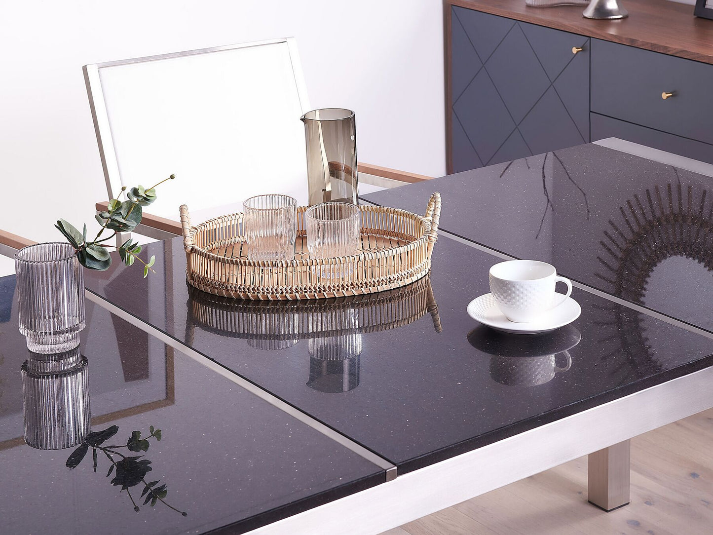 Garden Dining Set 6 Seater GROSSETO Triple Plate Granite Polished Black/ Beige