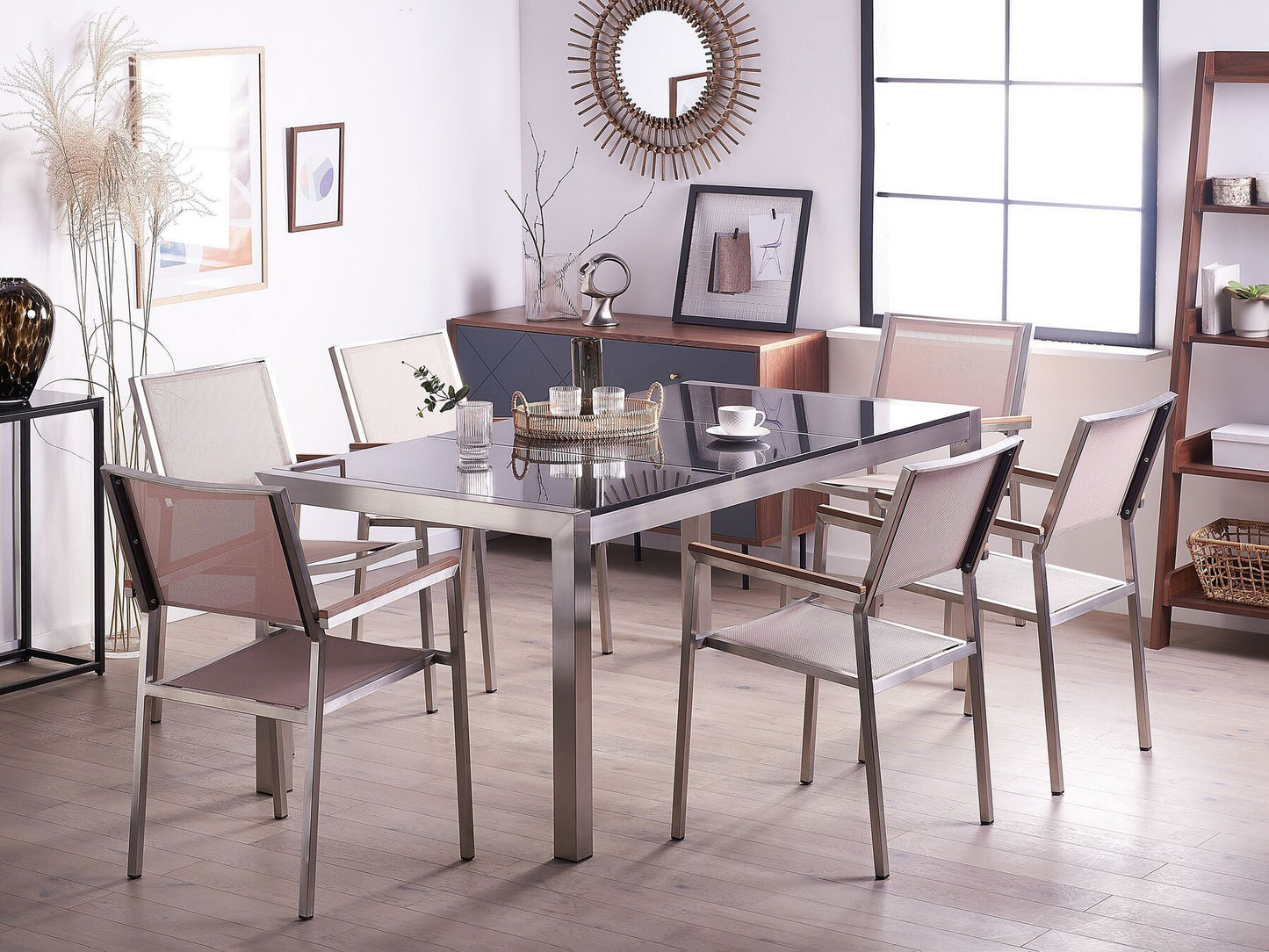 Garden Dining Set 6 Seater GROSSETO Triple Plate Granite Polished Black/ Beige