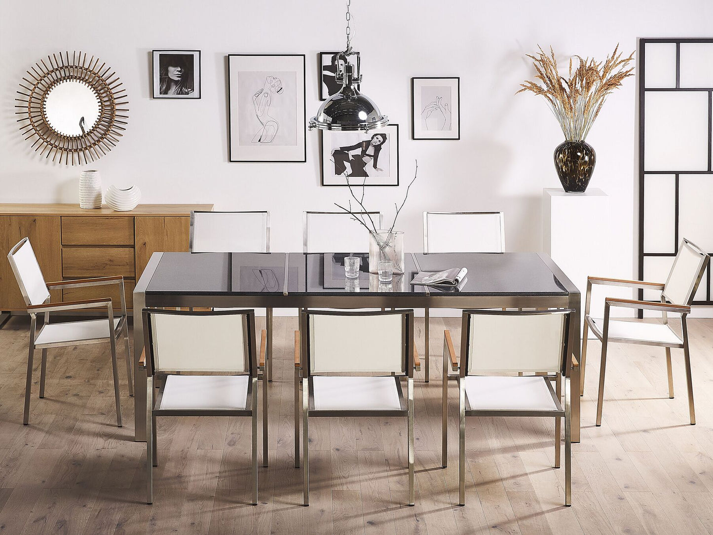 Garden Dining Set 8 Seater GROSSETO Triple Plate Granite Polished Grey/ White