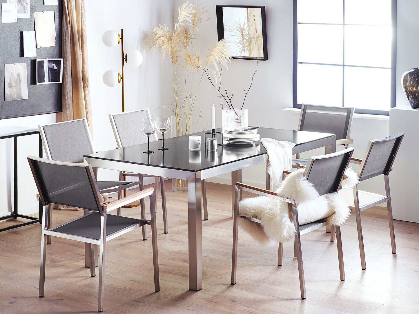 Garden Dining Set 6 Seater GROSSETO Granite Polished Grey/ Black