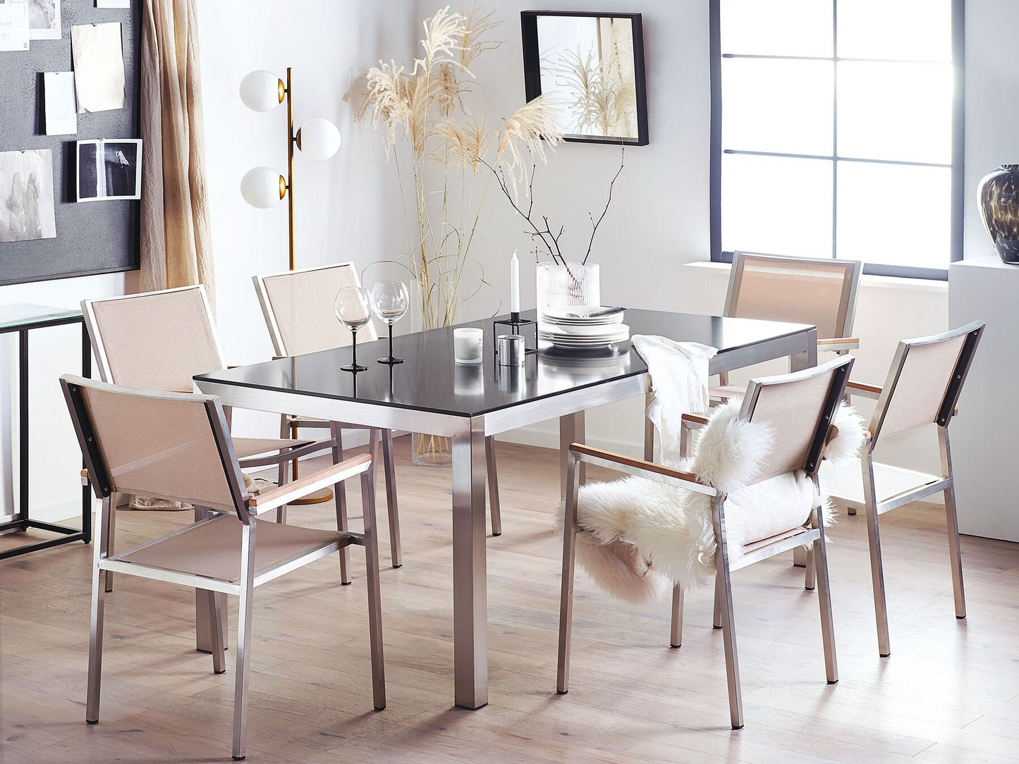 Garden Dining Set 6 Seater GROSSETO Granite Polished Black/ Beige
