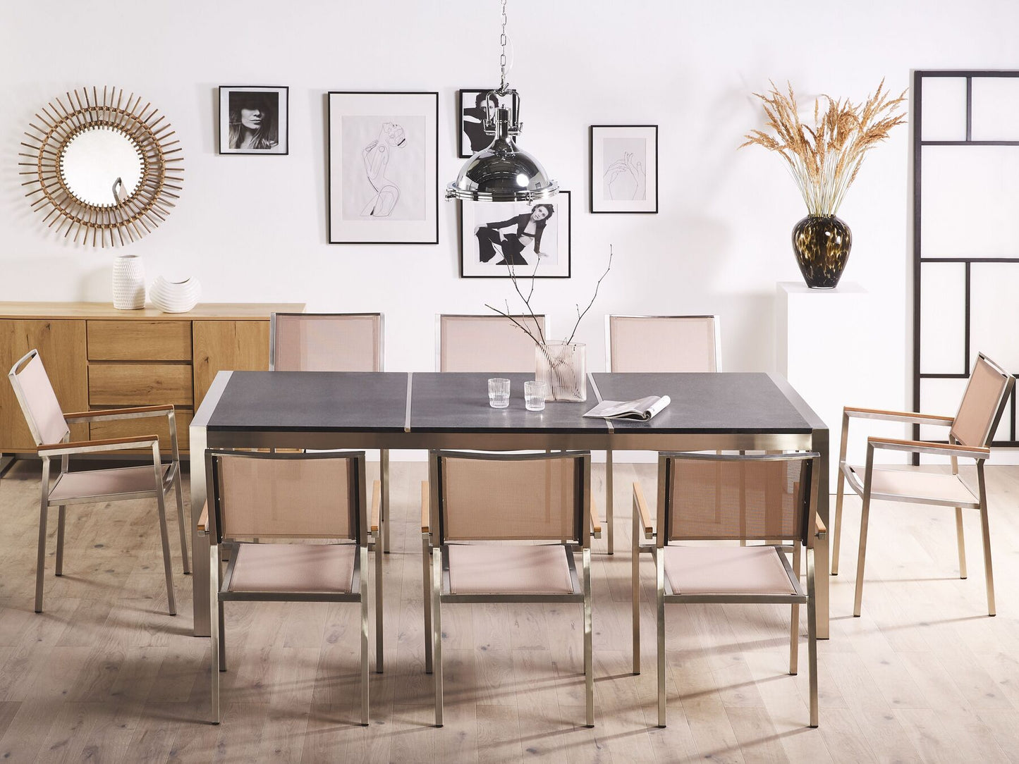 Garden Dining Set 8 Seater GROSSETO Triple Plate Granite Flamed Black/ Beige