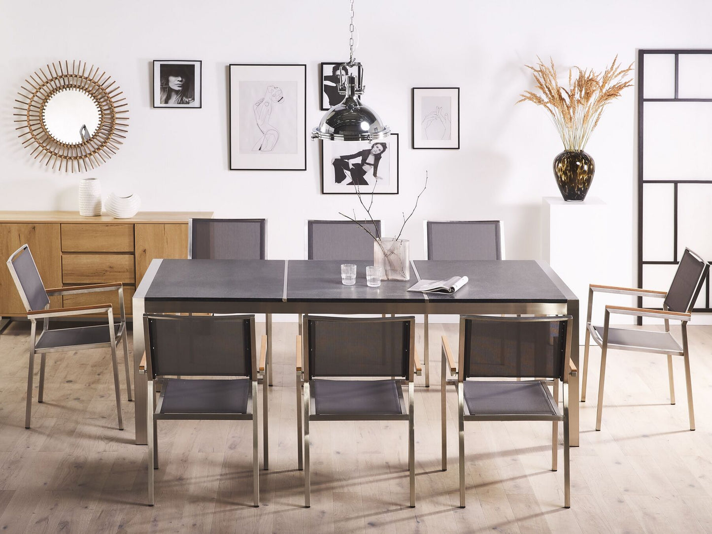 Garden Dining Set 8 Seater GROSSETO Triple Plate Granite Flamed Black/ Grey