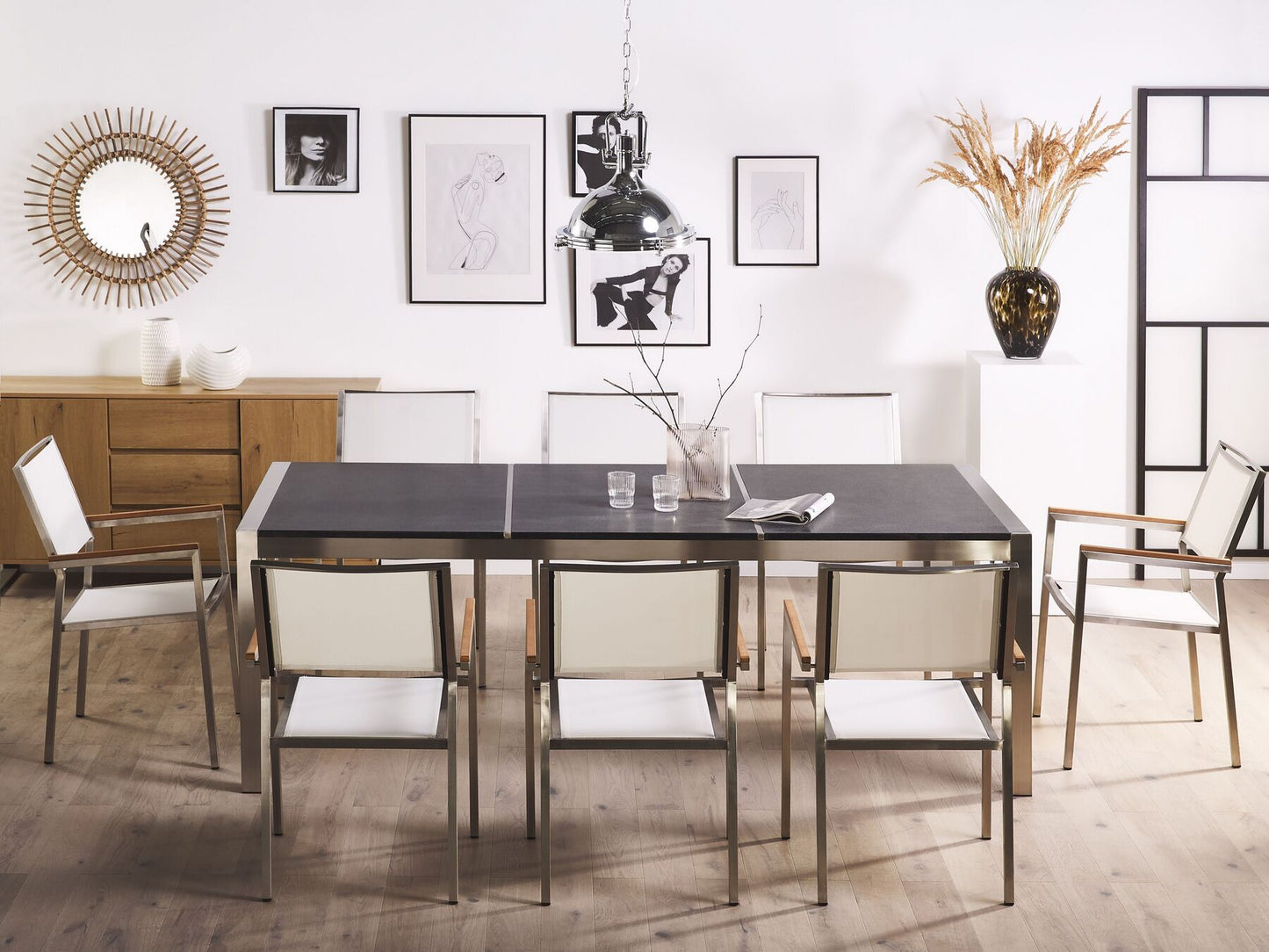 Garden Dining Set 8 Seater GROSSETO Triple Plate Granite Flamed Black/ White