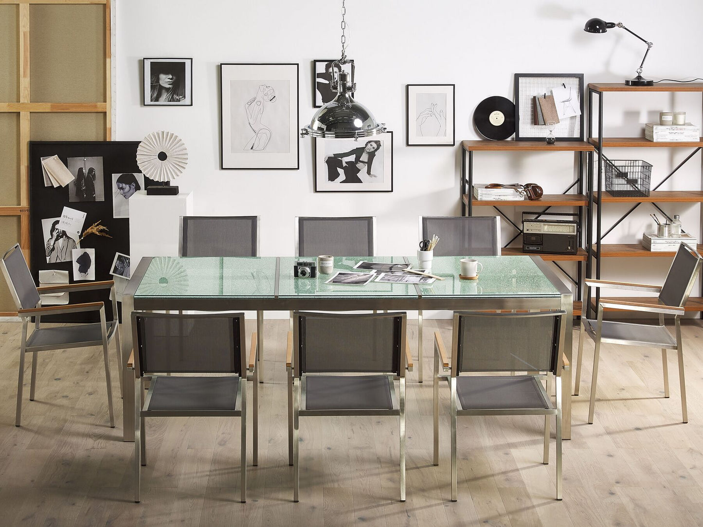 8 Seater Garden Dining Set Cracked Glass Top with Grey Chairs GROSSETO