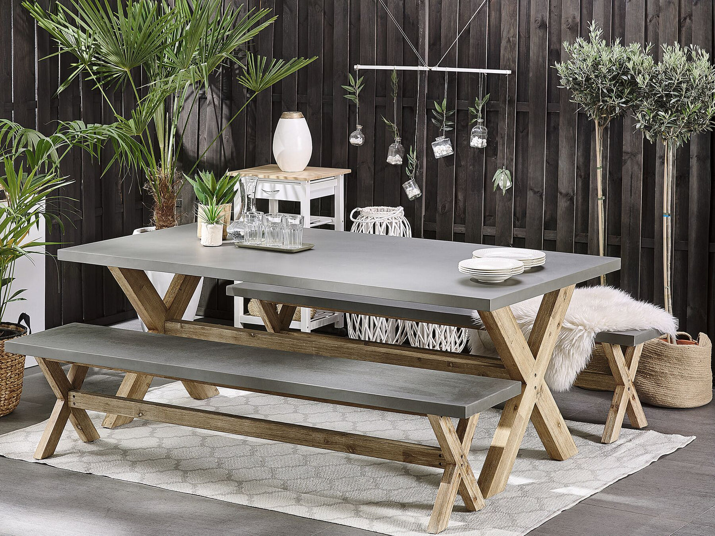Garden Dining Set with Benches 6 Seater OLBIA Concrete Grey